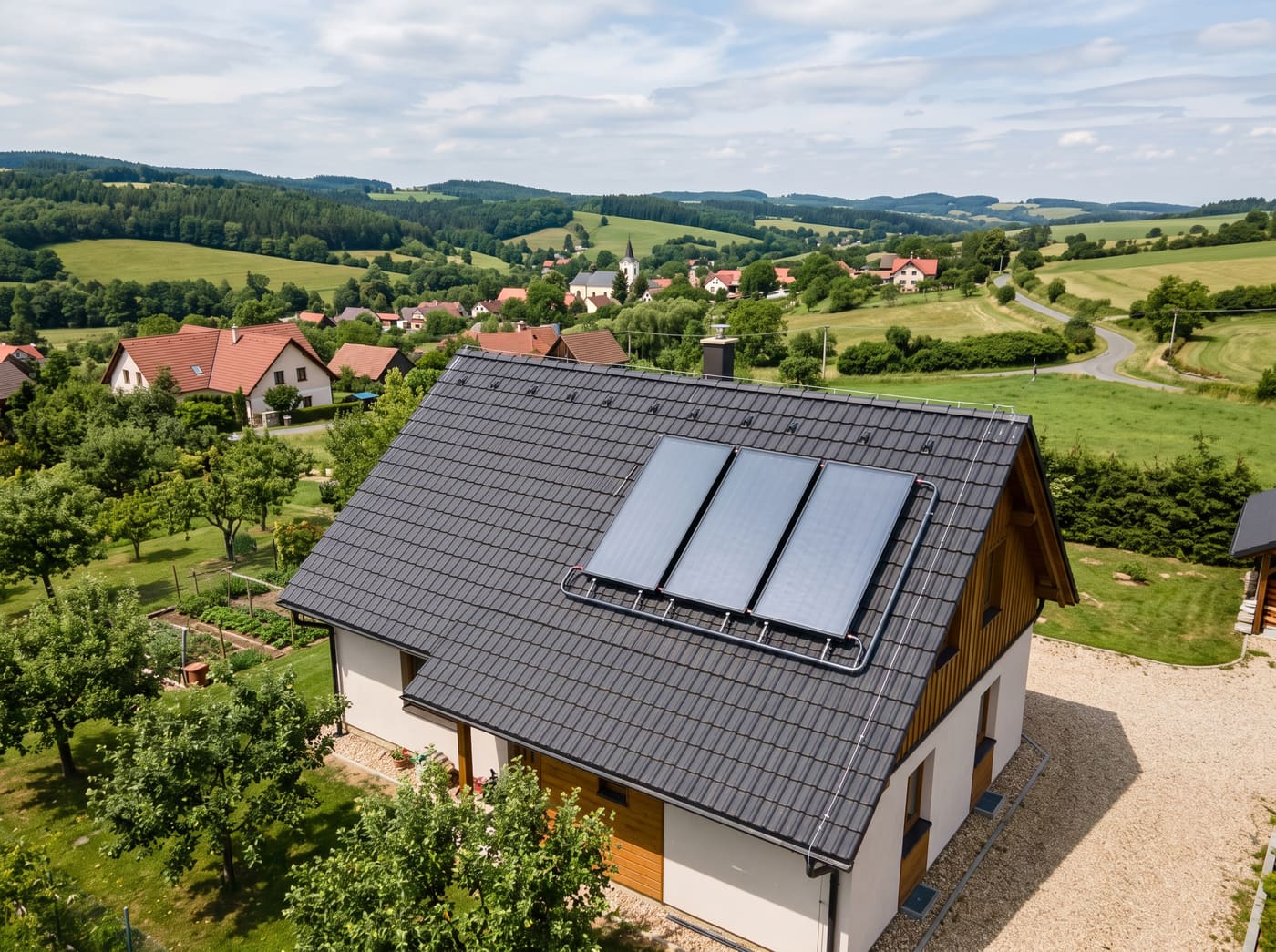 Solární kolektory na střeše domu
